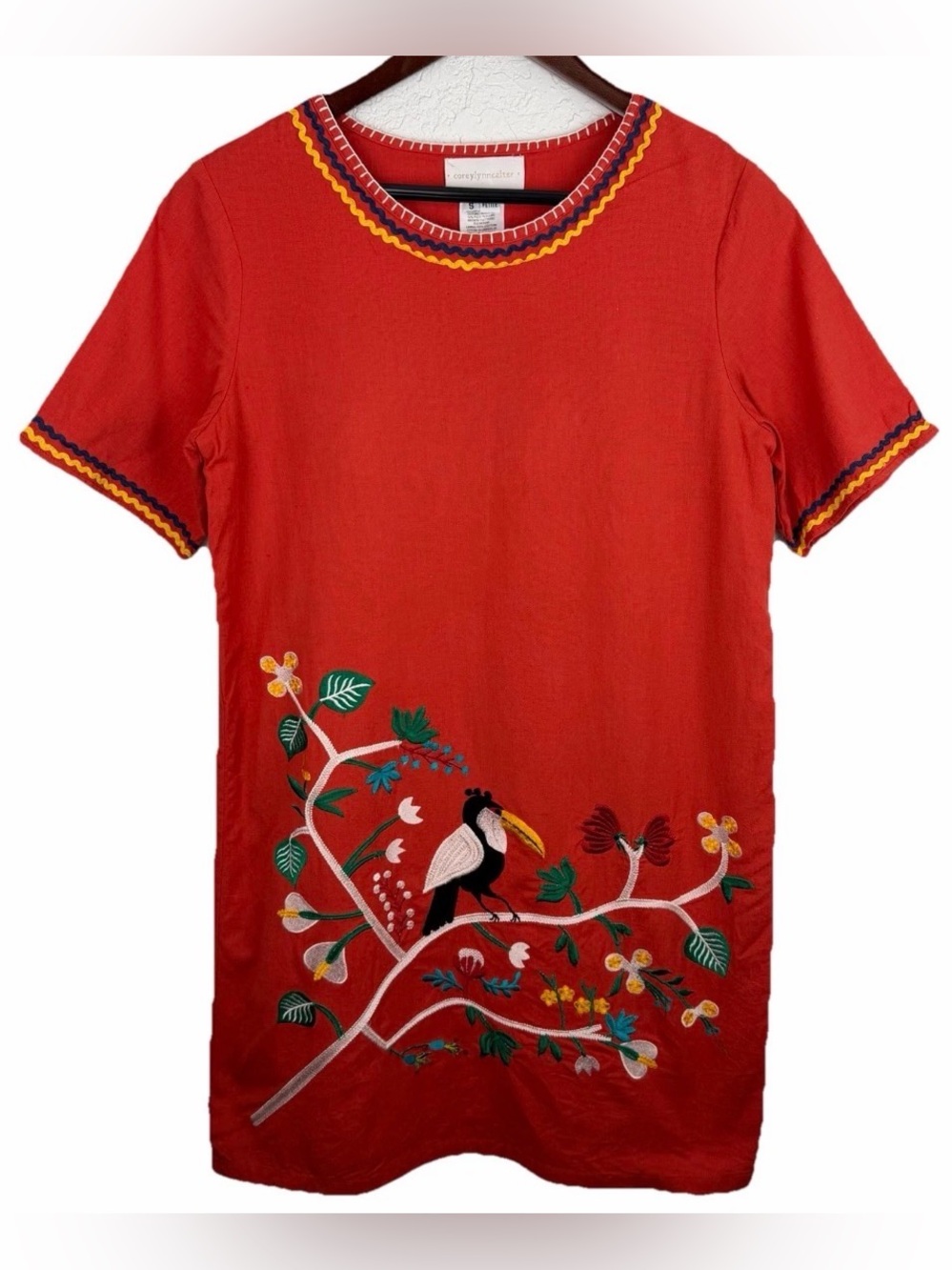 Corey Lynn Calter | Orange Red Embroidered Toucan Floral Shift Dress